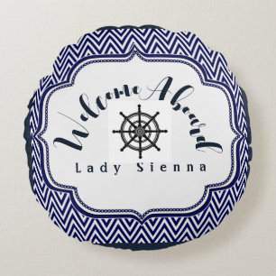 Personalize Navy Blue and White with Ship Wheel Round Pillow