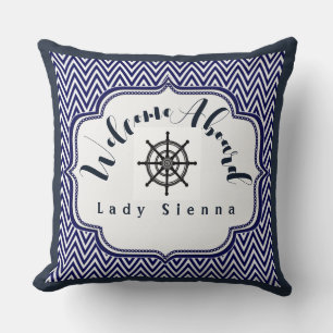 Personalize Navy Blue and White with Ship Wheel Throw Pillow