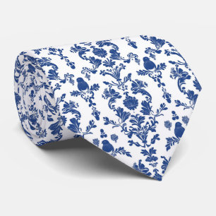 Personalize Navy Blue Damask Floral on White Tie