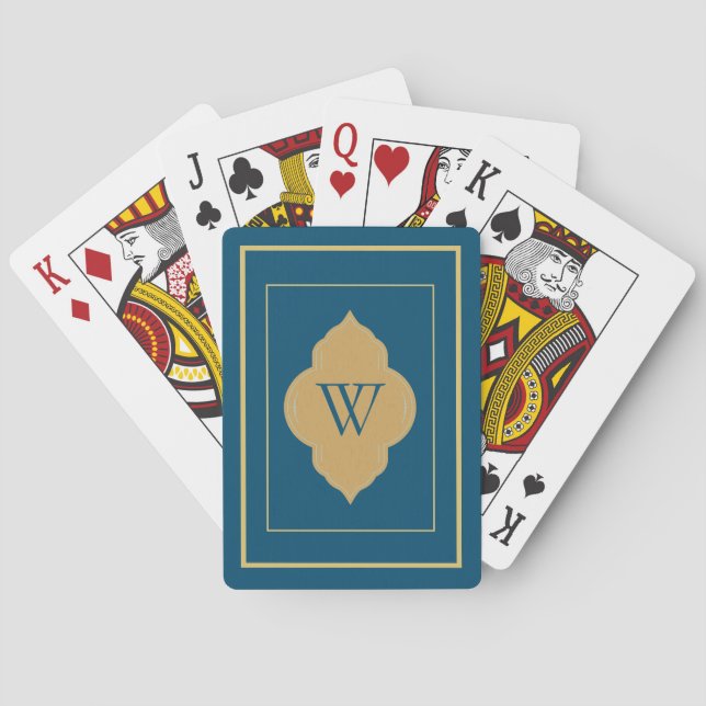 Personalize navy blue gold initial playing cards (Back)