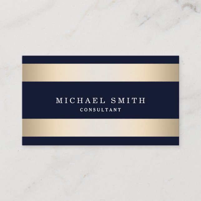 Personalize Navy Blue Gold Striped Modern Stylish Business Card (Front)