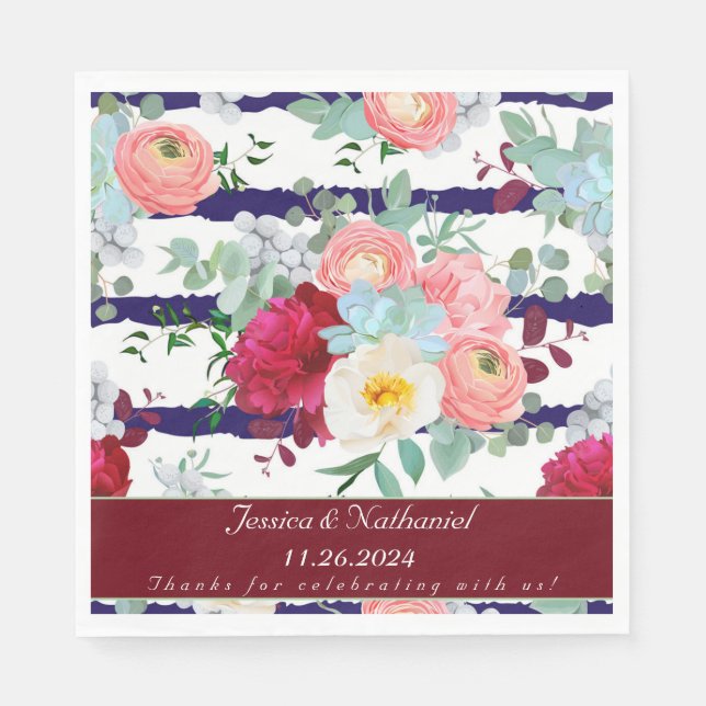 Personalize Navy White Stripe Style Mixed Bouquet  Napkin (Front)