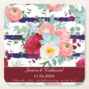 Personalize Navy White Stripe Style Mixed Bouquet Square Paper Coaster