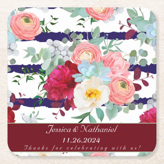 Personalize Navy White Stripe Style Mixed Bouquet  Square Paper Coaster (Front)