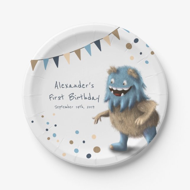 Personalize neutral birthday monster paper plates (Front)