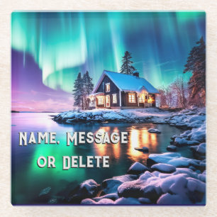 Personalize Northern Lights Rustic, Cabin Coasters