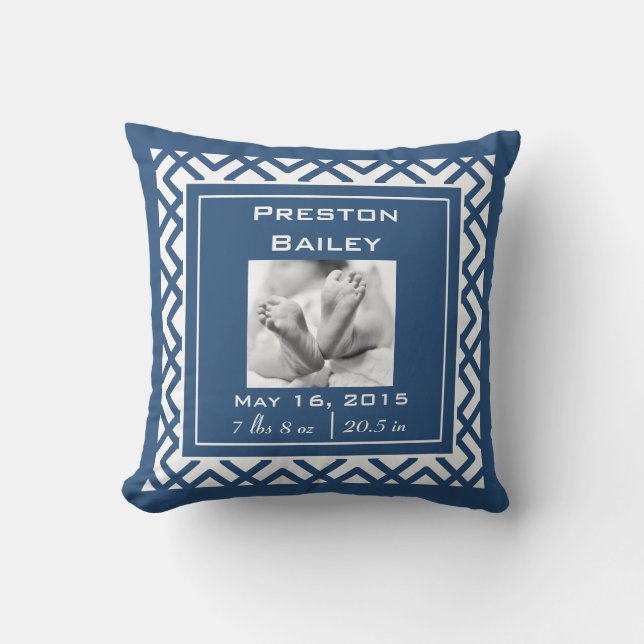 Personalize Nursery Baby Announcement, Navy Blue Throw Pillow (Front)