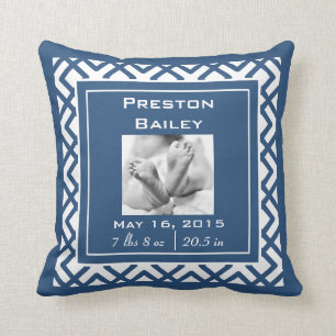 Personalize Nursery Baby Announcement, Navy Blue Throw Pillow