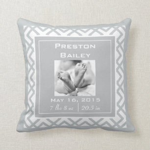 Personalize Nursery Birth Announcement, Grey Throw Pillow