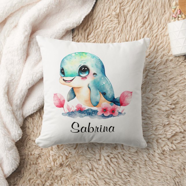 Personalize Nursery Kids Room Dolphin Watercolor Throw Pillow (Blanket)
