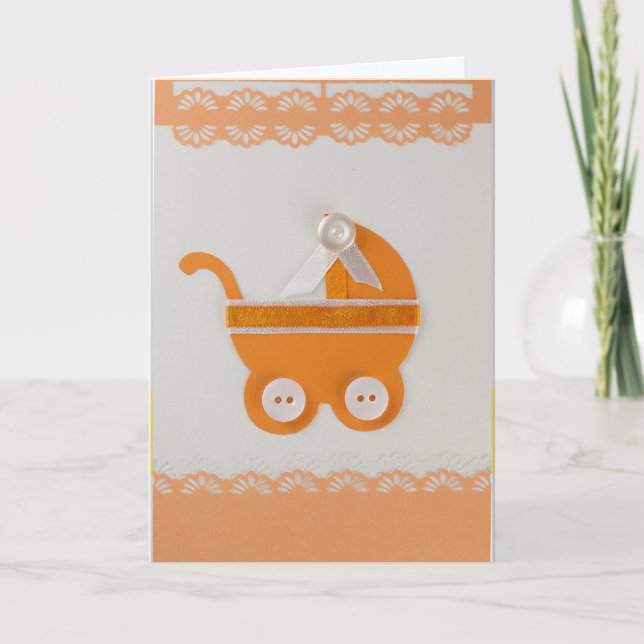 Personalize Orange baby carriage with white button Card (Front)