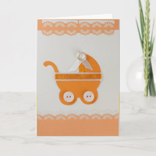Personalize Orange baby carriage with white button Card