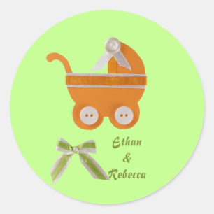 Personalize Orange carriage baby shower Classic Round Sticker