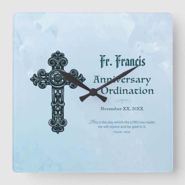 Personalize, Ordination Anniversary Priest, Cross Square Wall Clock (Front)