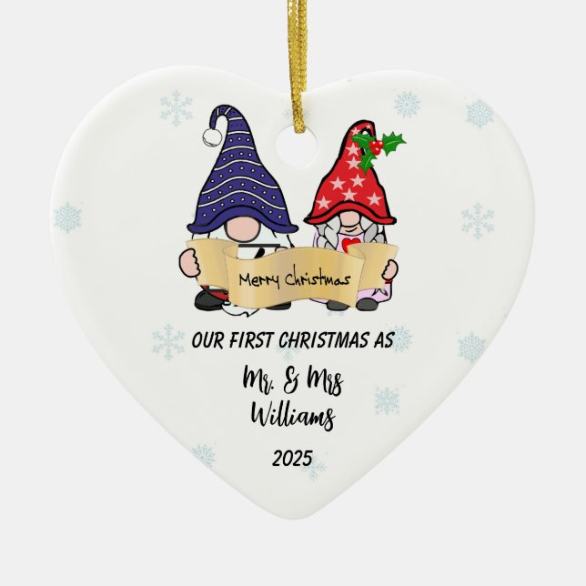 Personalize Our First Christmas Gnomes Ceramic Ornament (Front)