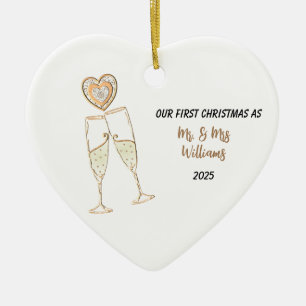 Personalize Our First Christmas Heart & Champagne Ceramic Ornament