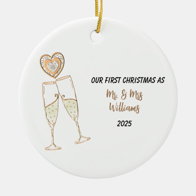 Personalize Our First Christmas Heart & Champagne Ceramic Ornament (Front)