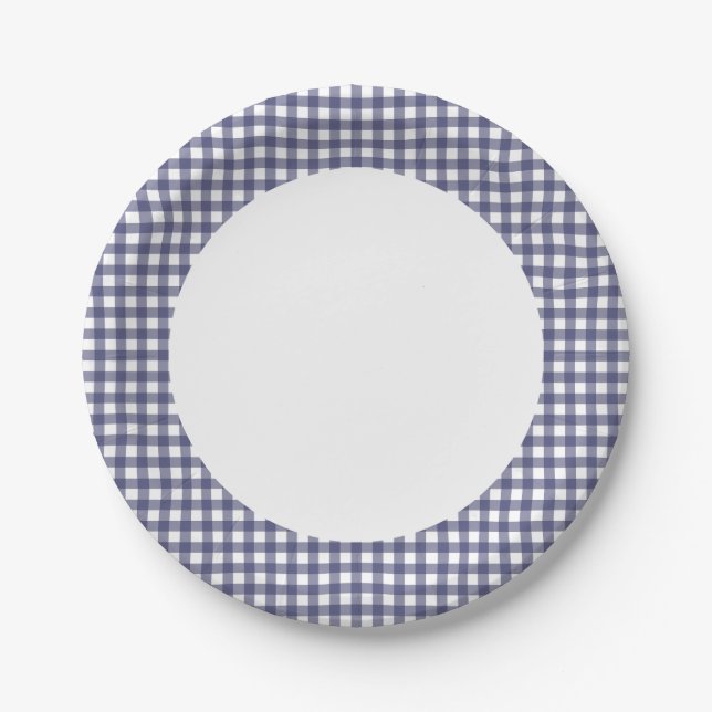 Personalize paper plate Navy Blue Gingham pattern (Front)