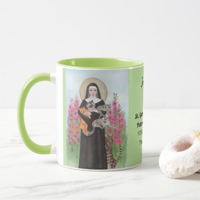 Personalize Patron Saint of Cats Gertrude Coffee Mug (With Donut)