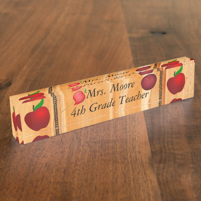 Personalize Pattern Apple Art Name Teacher Class Nameplate (Side)