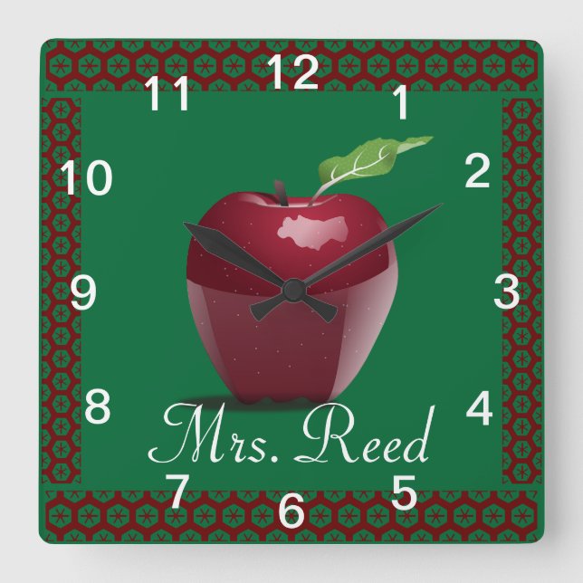 Personalize Pattern Apple Art Name Teacher Class Square Wall Clock (Front)