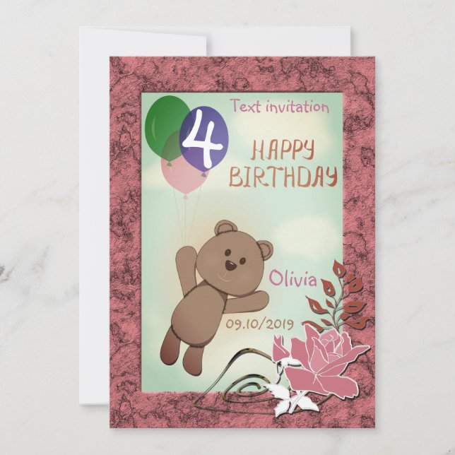 Personalize, personal, birthday, Teddy bear Invitation (Front)