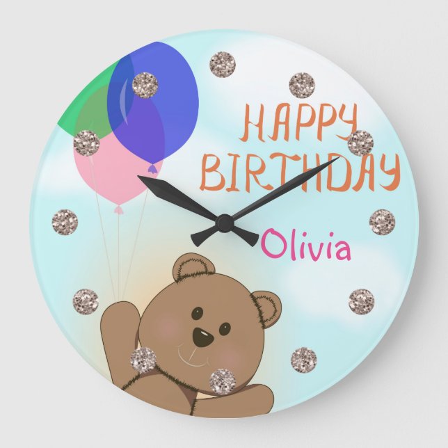 Personalize, personal, birthday, Teddy bear Large Clock (Front)