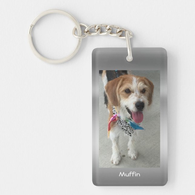 Personalize Pet Photo & Names Faux Metallic Silver Keychain (Front)