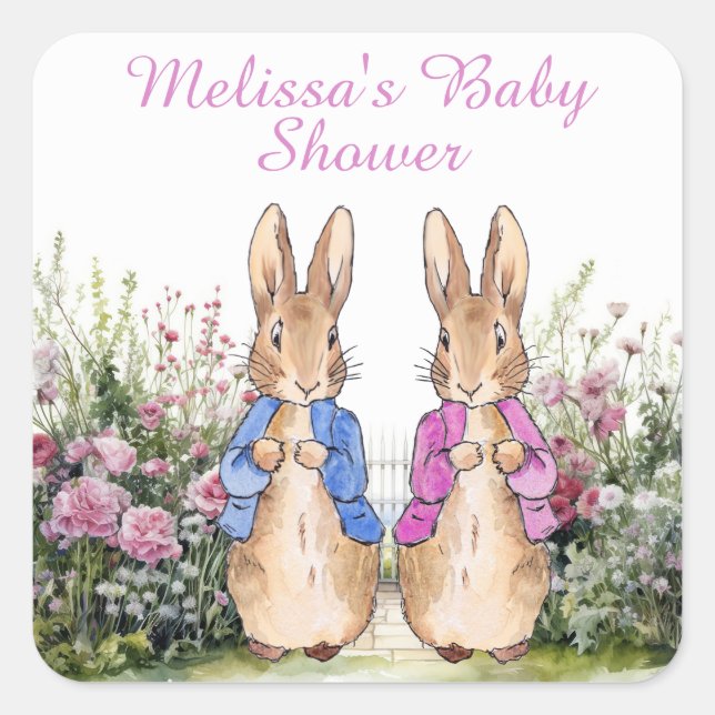 Personalize Peter and Flopsy Baby shower add Name Square Sticker (Front)