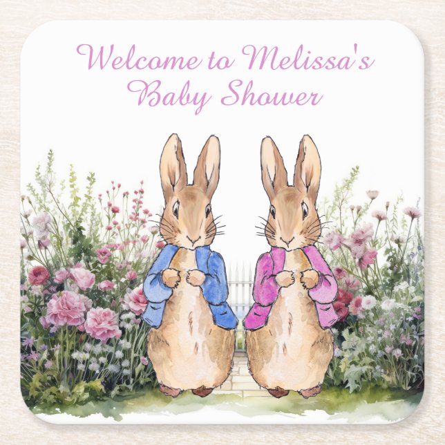 Personalize Peter and Flopsy Baby shower with name Square Paper Coaster (Front)