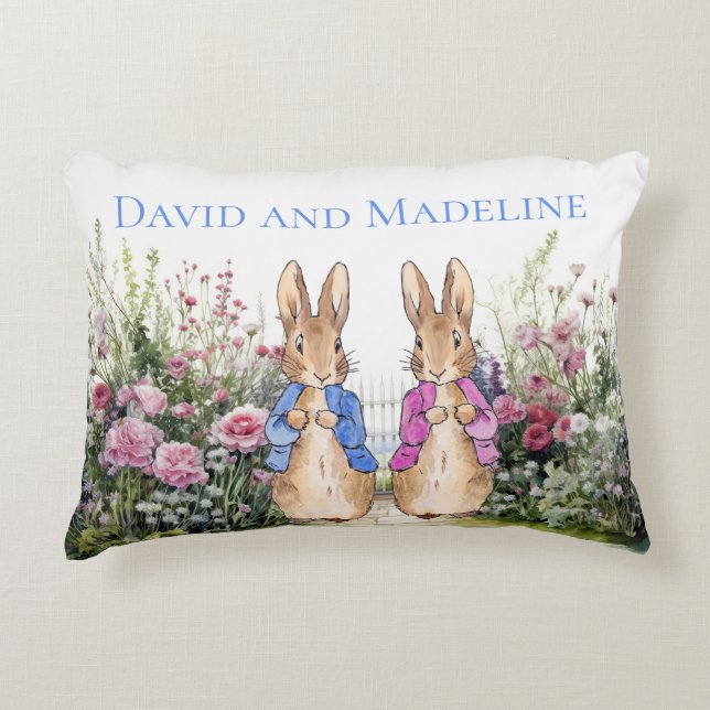 Personalize Peter and Flopsy in garden twin's name Accent Pillow (Front)