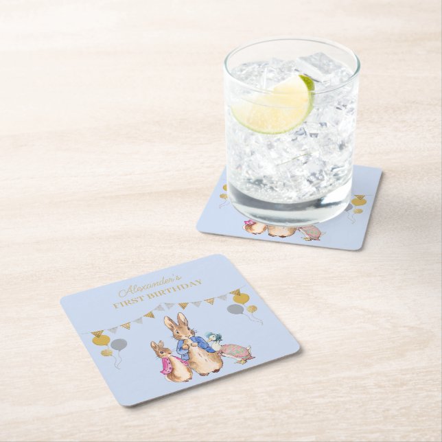 Personalize Peter rabbit 1st Birthday Square Paper Coaster (Insitu)