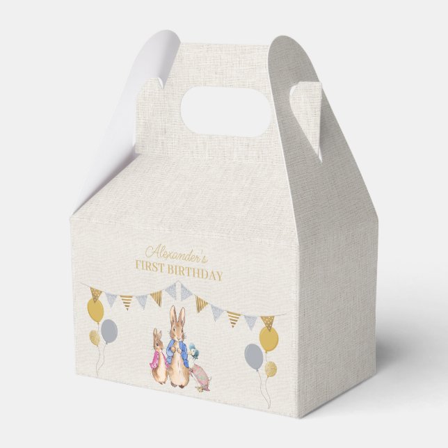 Personalize Peter rabbit beige linen 1st Birthday Favor Box (Back Side)