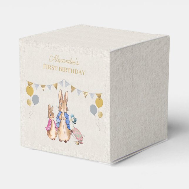 Personalize Peter rabbit beige linen 1st Birthday Favor Box (Back Side)