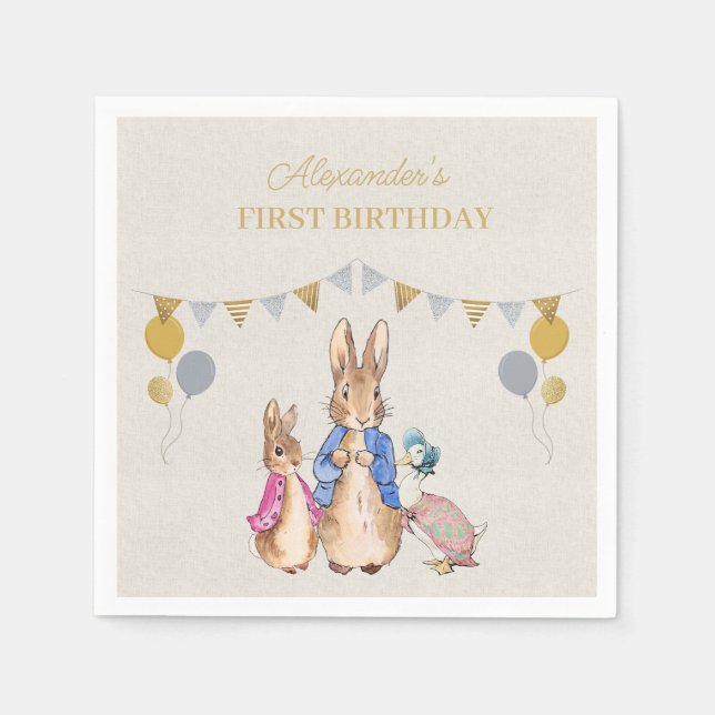 Personalize Peter rabbit beige linen 1st Birthday Napkin (Front)