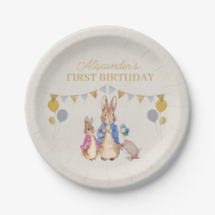 Personalize Peter rabbit beige linen 1st Birthday Paper Plate