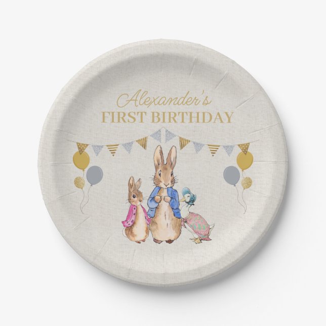 Personalize Peter rabbit beige linen 1st Birthday Paper Plate (Front)