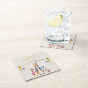 Personalize Peter rabbit beige linen 1st Birthday Square Paper Coaster