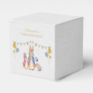 Personalize Peter rabbit gray linen 1st Birthday Favor Box