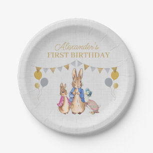 Personalize Peter rabbit gray linen 1st Birthday Paper Plate
