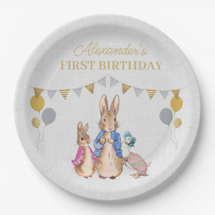 Personalize Peter rabbit gray linen 1st Birthday Paper Plate