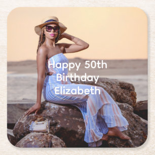 Personalize Photo Birthday His Her Square Paper Coaster
