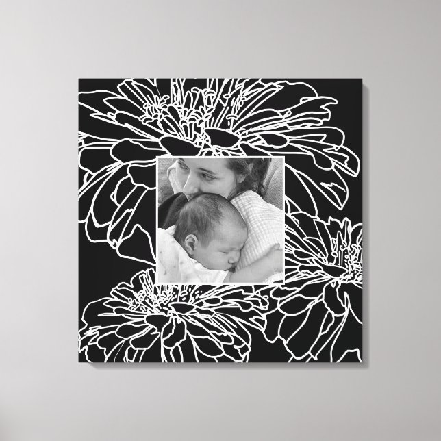Personalize photo black white floral line drawing  canvas print (Front)
