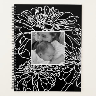 Personalize photo black white floral line drawing  planner