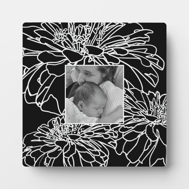 Personalize photo black white floral line drawing  plaque (Front)