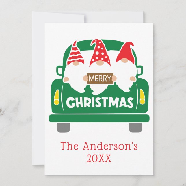 Personalize Photo Christmas Gnomes Truck Christmas Holiday Card (Front)