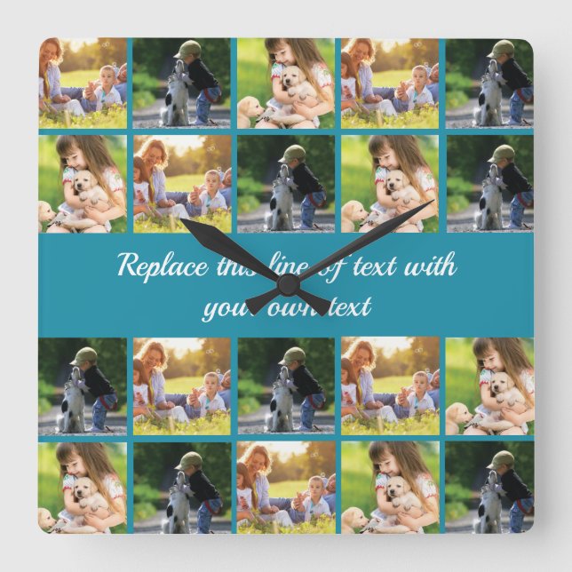 Personalize photo collage and text square wall clock (Front)