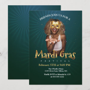 Personalize Photo Gold Masquerade Mask Mardi Gras Invitation