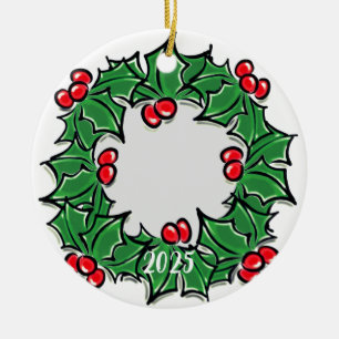 Personalize photo Holly Leaves berries Christmas Ceramic Ornament