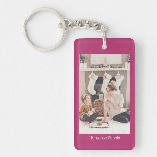Personalize Photo & Names, Deep Fuchsia Keychain (Front)